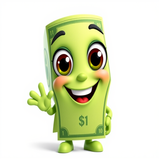 Create a vibrant cartoon image of a cheerful dollar bill character with big eyes and a friendly smile, making a hand gesture, in a bright green color, with a white background, using a DSLR camera at f/2.8 aperture, 50mm lens, natural lighting, and a shallow depth of field to enhance the character's details.