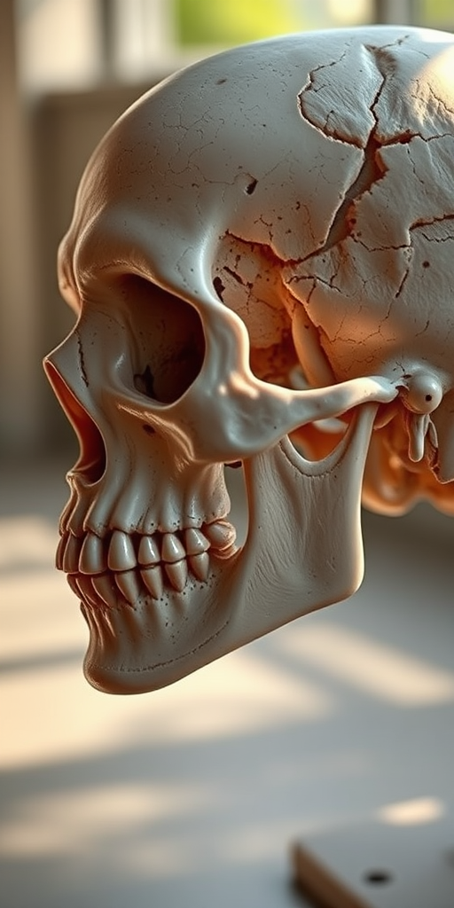 Create a highly detailed 3D rendering of a human skull from a side view, using a Canon EOS R5 with a 50mm lens, aperture set at f/2.8, ISO 100, in natural lighting to capture intricate textures and shadows.