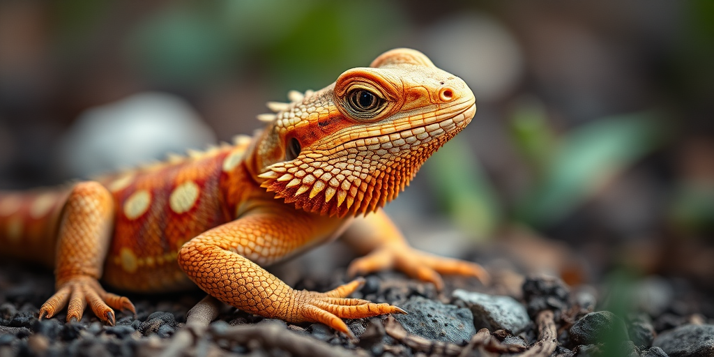regenerate an image of a bearded dragon in a natural setting, using a DSLR camera with a 50mm lens, aperture f/2.8, shutter speed 1/200s, ISO 100, soft natural lighting, and a shallow depth of field for enhanced detail and vibrant colors