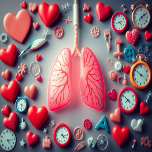 generate an image of a conceptual representation of lungs surrounded by various symbolic elements like hearts, fish, clocks, and scientific symbols, use a DSLR camera, aperture set to f/8 for depth of field, ISO 200 for clarity, and 24mm lens for a wide view, enhance colors in post-processing for vividness
