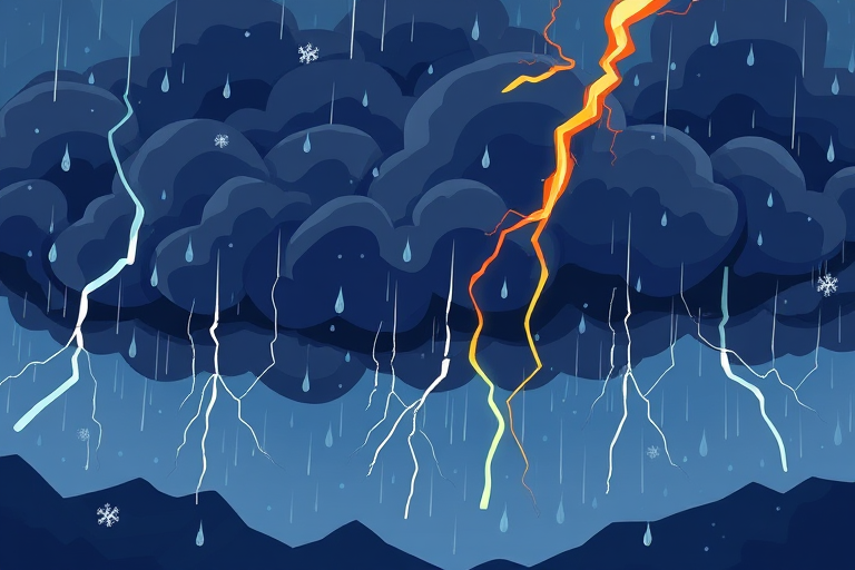 Create a vibrant cartoon-style illustration of a stormy weather scene featuring dark clouds, rain, lightning, and snowflakes, using a digital illustration technique with high contrast colors, set at 300 DPI for print quality, with a focus on a slightly angled top-down view to capture dynamic elements of the weather, styled under natural light conditions.