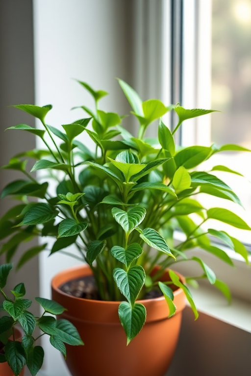 create a photorealistic image of a lush green potted plant, use a 50mm lens, aperture f/1.8, shutter speed 1/125s, ISO 100, captured from a slightly elevated angle with soft natural lighting.