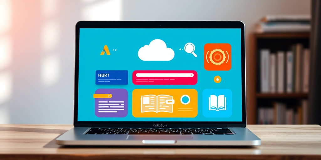Create a high-resolution image of a modern laptop displaying a colorful web design layout with icons representing cloud storage, search magnifying glass, gears, coding, and a book in a flat design style, using a Canon EOS 5D Mark IV camera, f/8 aperture, 50mm lens, and soft natural lighting from the left side.