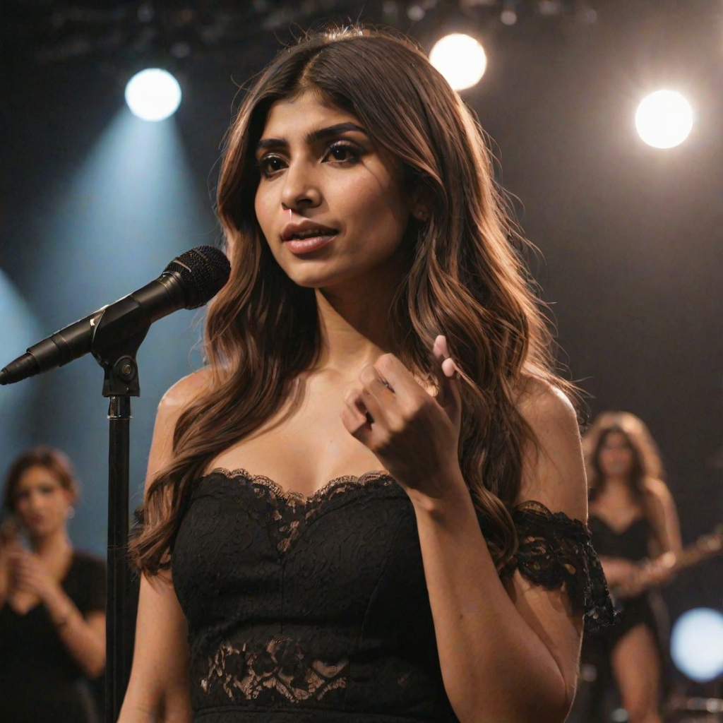 mia khalifa with long, flowing brown hair is standing in the center of the frame, holding a microphone in her right hand, and looking slightly off to the right side of the frame. She is wearing a black, off-the-shoulder dress with delicate lace detailing. The lighting is warm and dramatic, creating a spotlight effect on the singer. There are other figures in the background, blurred and out of focus, suggesting a concert or performance setting. The camera angle is low, capturing the woman from the waist up. The overall atmosphere is intimate and captivating.