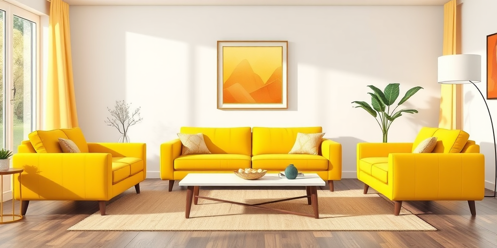 Create an illustration of four stylish yellow sofas arranged in a modern living room, using a Canon EOS R5 camera with a 50mm lens, f/2.8 aperture, ISO 100, shot in natural lighting from a frontal view to enhance image quality.