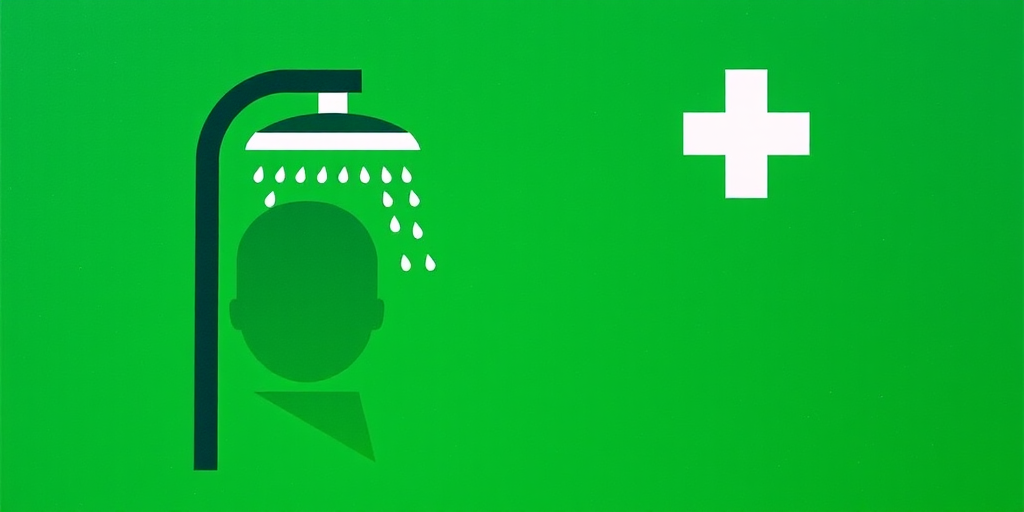 Create an image of a safety shower symbol with a green background featuring a simplified silhouette of a person under a showerhead with water droplets, include a medical cross in the top right corner, shot with a DSLR camera, 50mm lens, aperture f/8, ISO 200, using natural lighting for clarity and brightness.