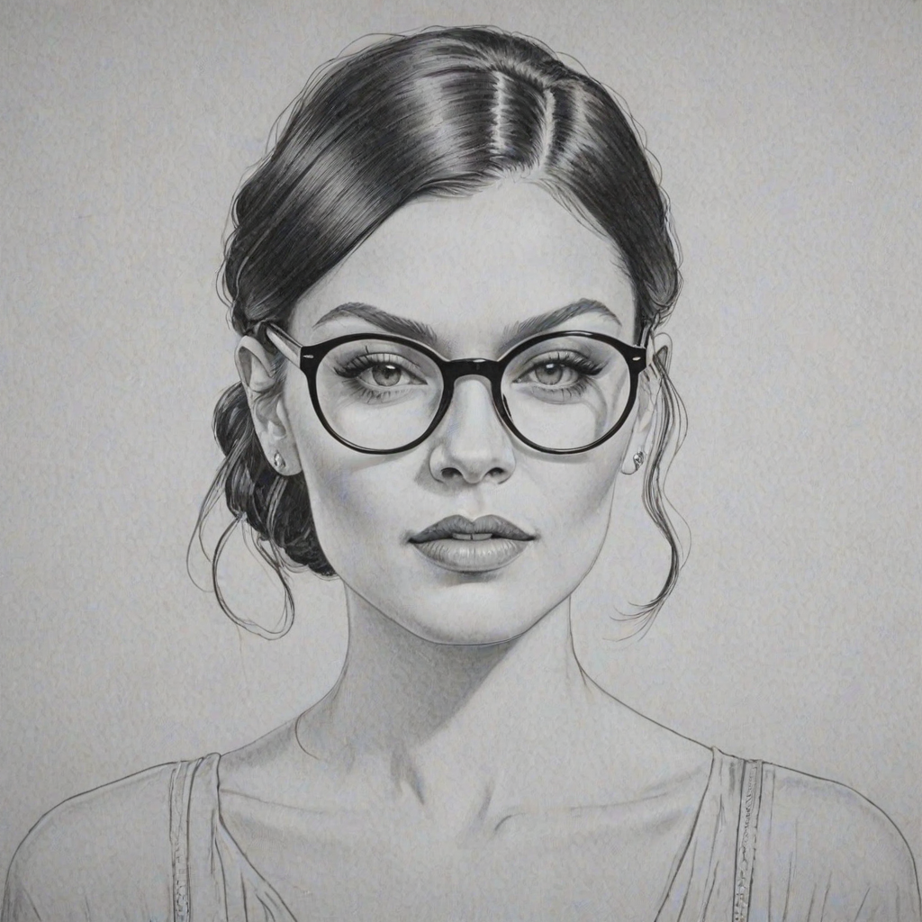 Graceful Jessie J, pencil sketch, portrait of Magnificent woman 1926s in glasses, hair style beatnik, outline, clear lines, fine lines, 8k