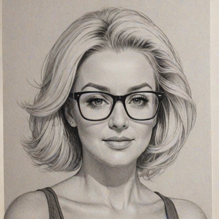 Fetching Kellie Pickler, pencil sketch, portrait of Stunning woman 1963s in glasses, hair style beatnik, outline, clear lines, fine lines, 8k