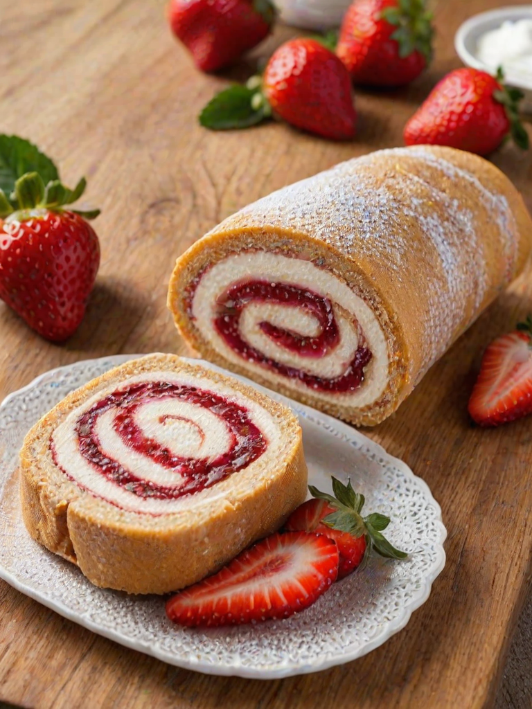Generate an image of a Swiss roll dessert filled with cream and strawberry jam, garnished with fresh strawberries. The roll should have a soft, spongy texture and be dusted with powdered sugar, placed on a wooden cutting board.