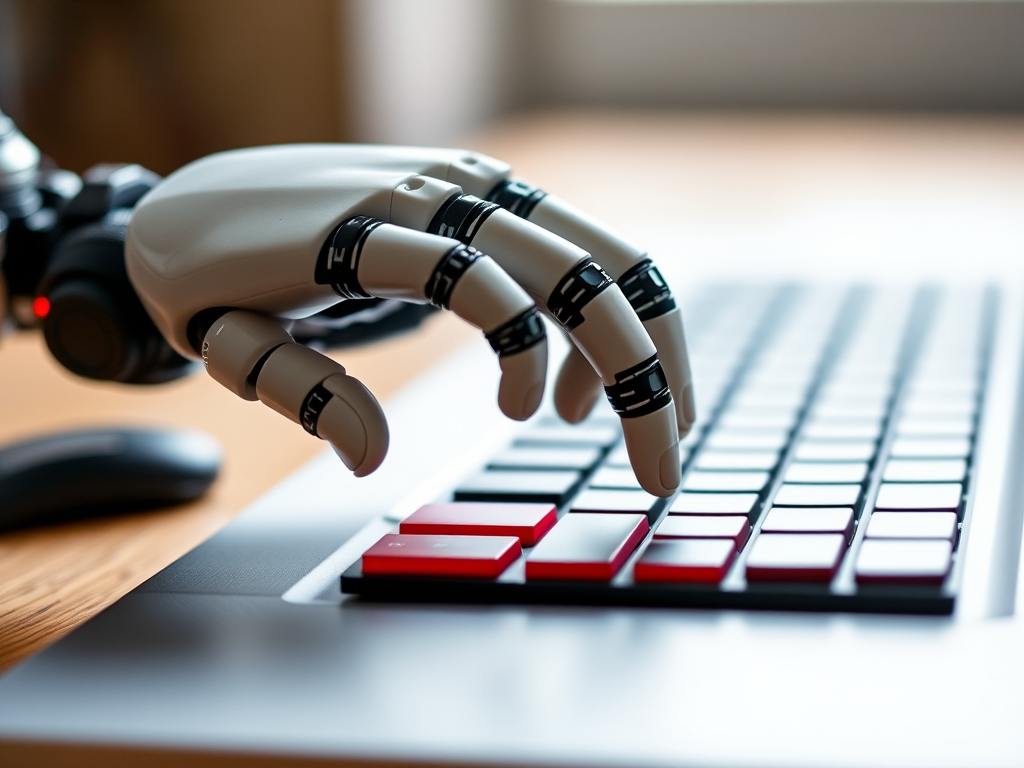 Create a close-up shot of a robotic hand poised to press a red key on a modern keyboard, set with a shallow depth of field, using a DSLR camera at f/2.8, ISO 100, shutter speed 1/250s, natural lighting, and a macro lens for enhanced detail.