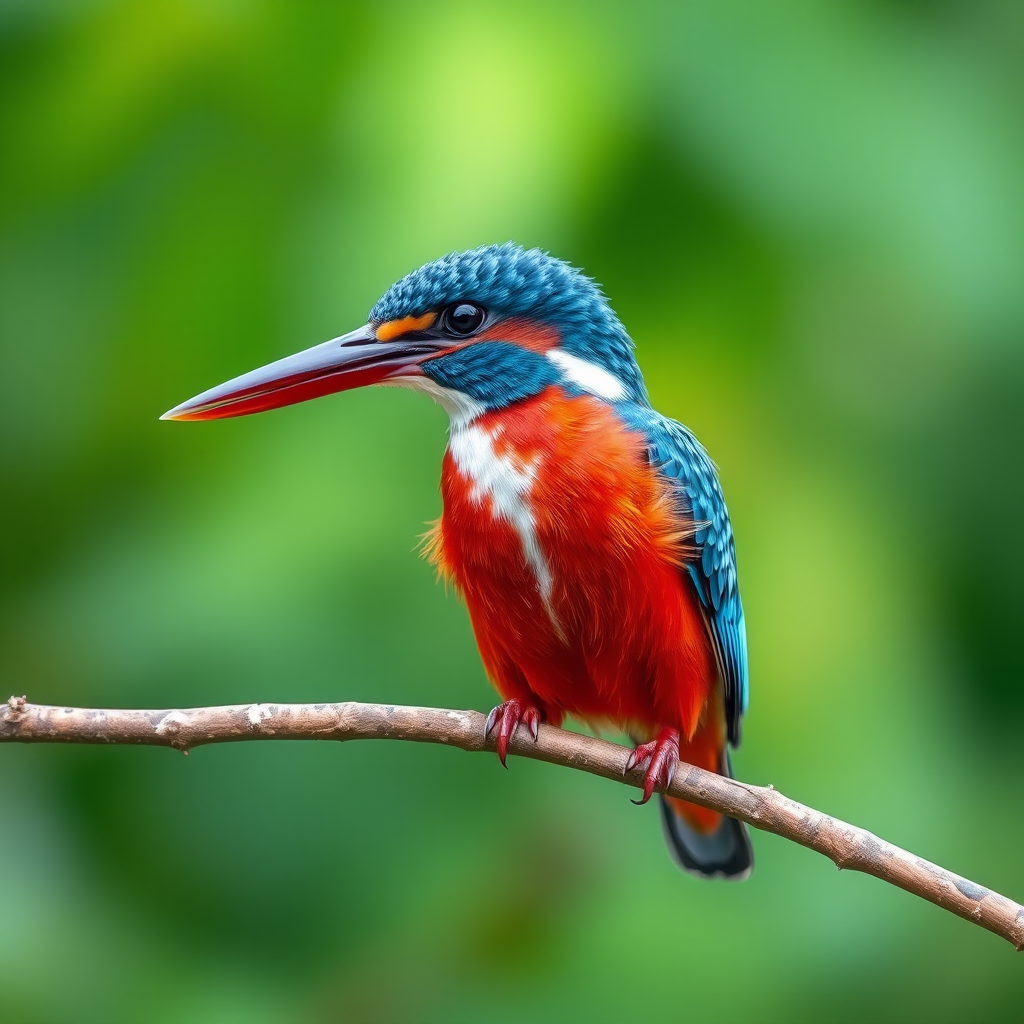 A vibrant kingfisher perched on a branch with a blurred green background, captured with a Canon EOS R5, 85mm lens, aperture f/2.8, ISO 200, shutter speed 1/250s, in soft focus style for enhanced detail and clarity.