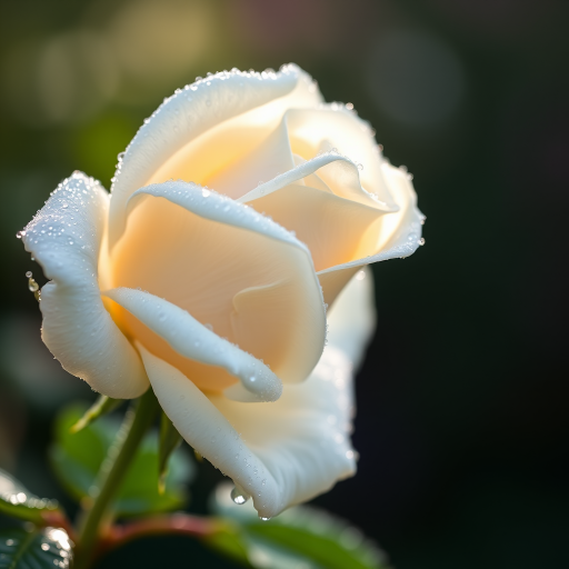 close-up of a dew-covered white rose with soft focus background, 50mm lens, f/2.8, ISO 100, shutter speed 1/200s, natural light, DSLR camera
