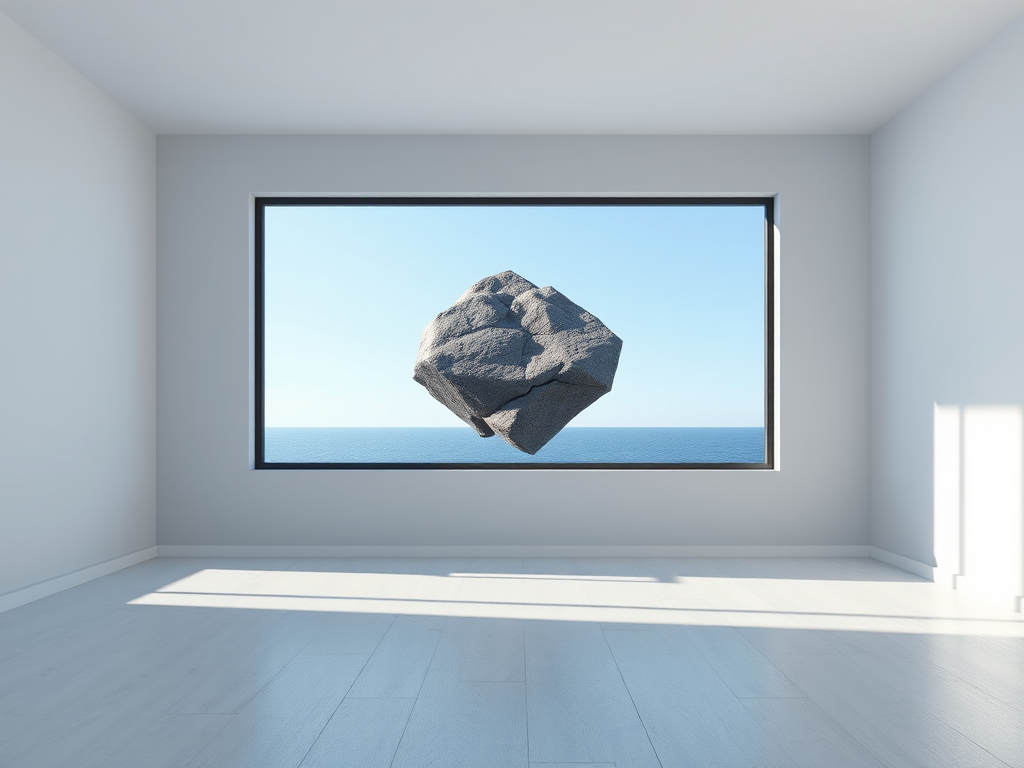 Create a hyper-realistic 3D rendering of a minimalistic room with a large window showing a floating rock structure against a clear blue sky, using a 35mm lens, f/8 aperture, ISO 100, focus on the rock, soft natural lighting, high dynamic range, and a wide-angle view for depth.