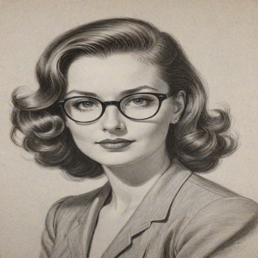 Charming Bobbie Phillips, pencil sketch, portrait of Fascinating woman 1939s in glasses, hair style beatnik, outline, clear lines, fine lines, 8k