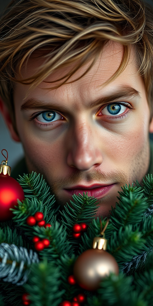 Create a close-up portrait of a male model with striking blue eyes and tousled hair, holding festive holiday greenery with red and silver ornaments, using a Canon EOS R5 with a 50mm f/1.2 lens, set at ISO 100, aperture f/2.8, and a soft, diffused lighting style to enhance facial features and texture.