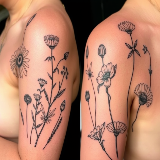 Botanical illustration tattoo named "Flora's Secret" featuring scientifically accurate renderings of various plant species, with delicate linework and subtle shading creating a vintage-inspired, naturalistic design