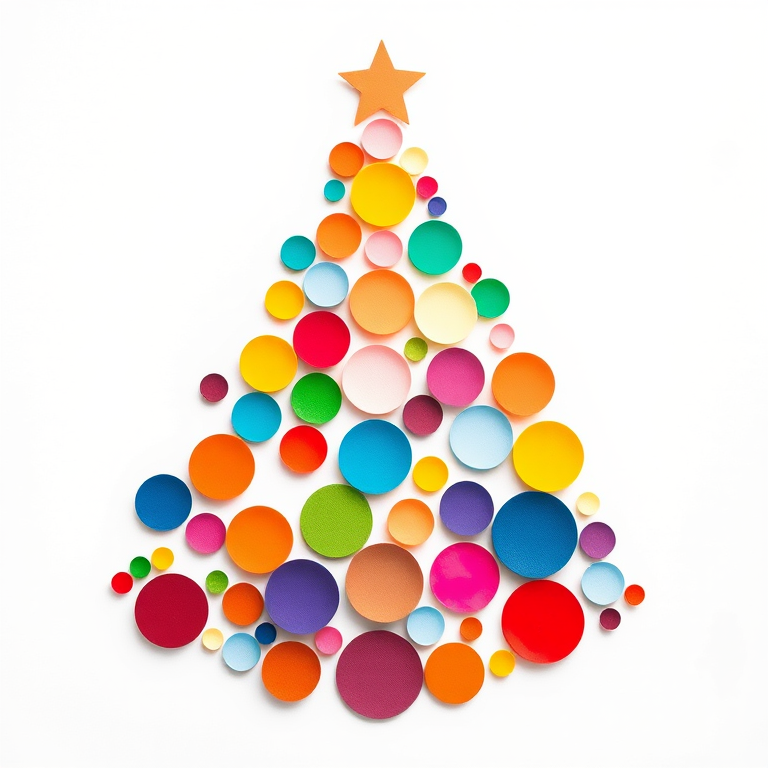 Create a colorful abstract Christmas tree composed of circles of various sizes and colors on a bright background, shot with a DSLR camera at f/8 aperture, ISO 100, with a 50mm lens, in a top-down view to enhance detail and clarity.