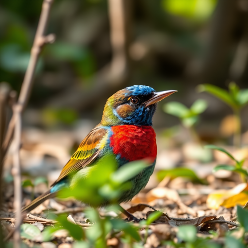 high-quality photo of a bird with colorful plumage in a natural setting, shallow depth of field, soft natural light, ISO 200, aperture f/2.8, shutter speed 1/200s, taken with a DSLR camera, 50mm lens, slightly low angle view to emphasize the bird's features and surroundings