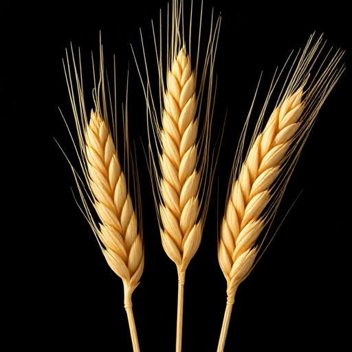 Generate a high-resolution image of three golden wheat ears with a black background, using a DSLR camera at f/2.8 aperture, ISO 100, 50mm lens, shooting in macro style to capture fine details.