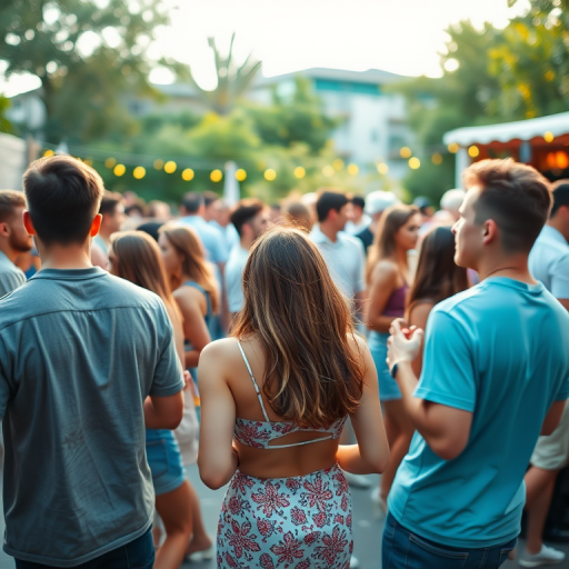 Capture a vibrant outdoor party scene with young people dancing and socializing, using a shallow depth of field, 50mm lens at f/1.8, ISO 400, shutter speed 1/250, soft natural lighting, and a slightly high angle for a dynamic view.