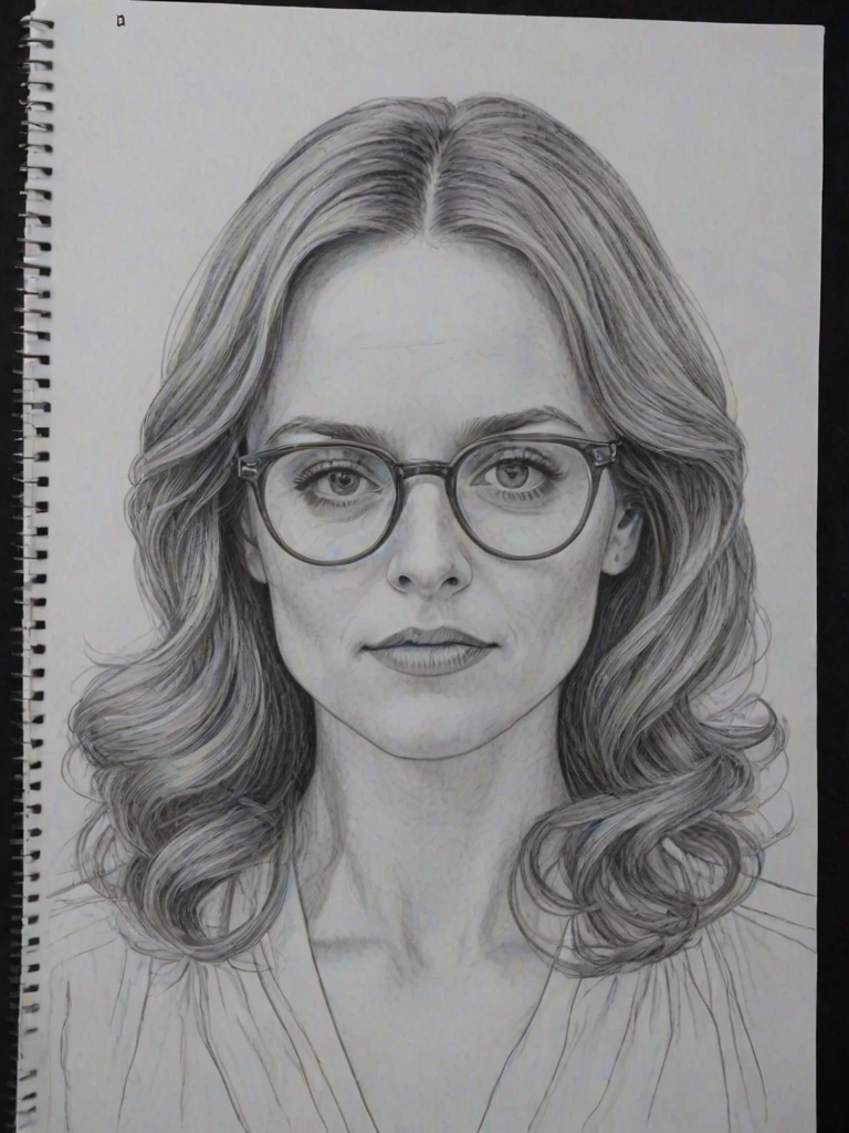 Superb Kerry Condon, pencil sketch, portrait of Gorgeous woman 1976s in glasses, hair style beatnik, outline, clear lines, fine lines, 8k