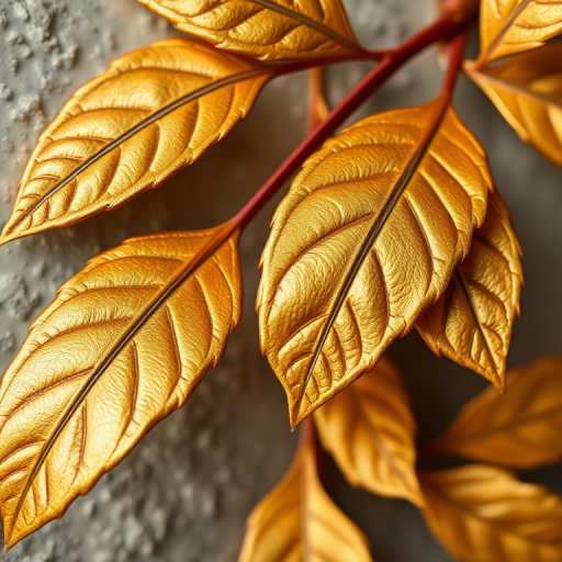 high-resolution close-up of embossed leaves in gold and bronze tones against a textured background, soft natural lighting, f/2.8 aperture, ISO 100, 50mm lens, DSLR camera, shallow depth of field, high-quality macro photography