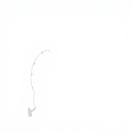 Create a minimalist vector illustration of a person fishing with a fishing rod, in a stylized, elegant way; use high contrast black and white colors for clarity; render at 300 dpi for high-quality print; view from slightly below eye level; prefer a clean and simple style for modern aesthetics.