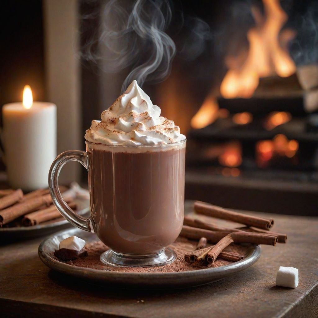 Close-up of a steaming cup of hot chocolate topped with whipped cream, soft light from a nearby fireplace reflecting off the surface, with marshmallows and a cinnamon stick on the side.