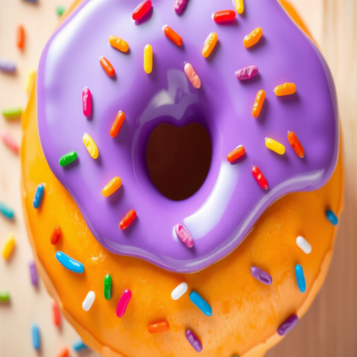A colorful cartoon donut with purple icing and colorful sprinkles, shot from a top-down view using a Canon EOS 5D Mark IV, ISO 200, f/2.8, 50mm lens, with bright, soft lighting for enhanced details and vibrant colors.