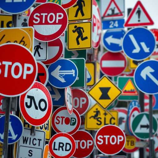 Create a high-resolution image of a chaotic arrangement of diverse traffic signs, focus on vibrant colors and details, use a DSLR camera with a 50mm lens, aperture f/2.8, ISO 100, shutter speed 1/200 sec, taken from a slightly elevated angle with a shallow depth of field to enhance clarity and texture.