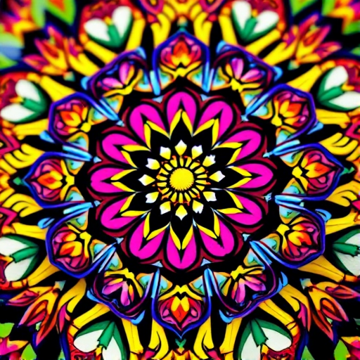 Generate a vibrant mandala design with intricate floral patterns, using a macro lens at f/2.8 for shallow depth of field, 1/60s shutter speed, and ISO 100, captured in soft natural light to enhance colors and details.