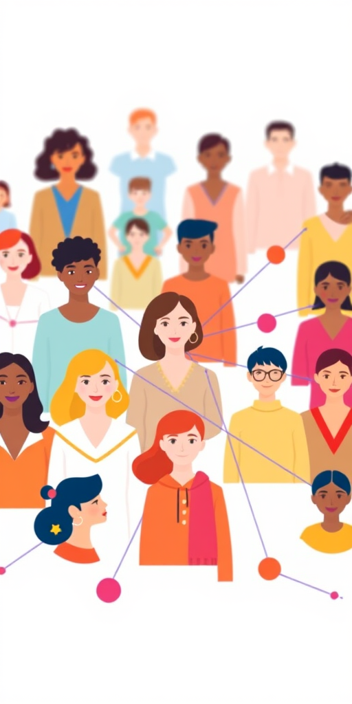 Create an illustration of a diverse group of people connected by lines in a network diagram style, using vibrant colors and geometric shapes, with a clean white background, captured using a digital camera, with a focus on soft lighting and a shallow depth of field, at ISO 100, f/2.8, and a focal length of 35mm.