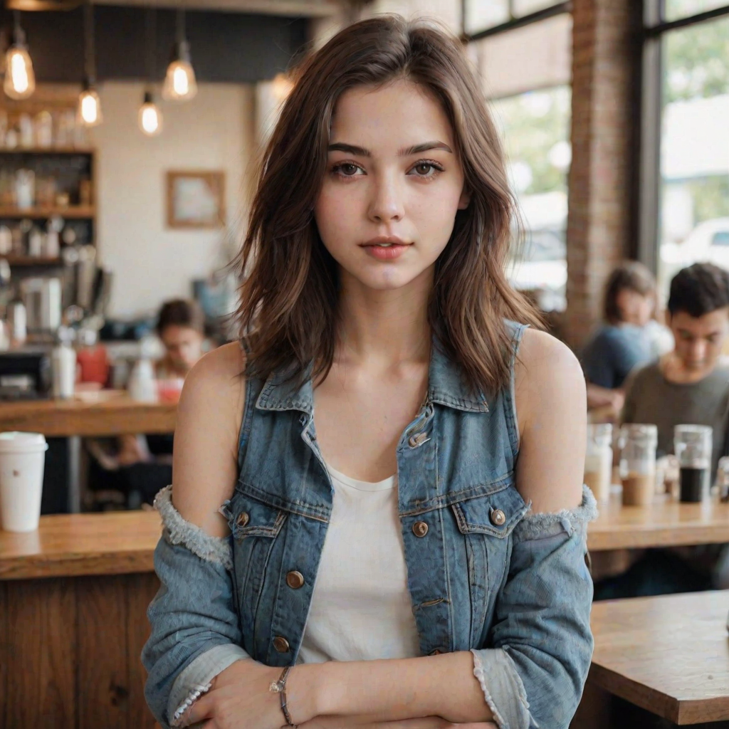 score_9, score_8_up, score_8, score_7_up, score_7, score_6_up, score_6, score_5_up, score_5,  21 year old 1girl, beautiful face, cute girl, gorgeous, supermodel, dark brown eyes, shoulder-length straight hair, parted in the middle, furry denim jacket, white tank top, makeup. Pale smooth Skin, coffee shop blurry background.