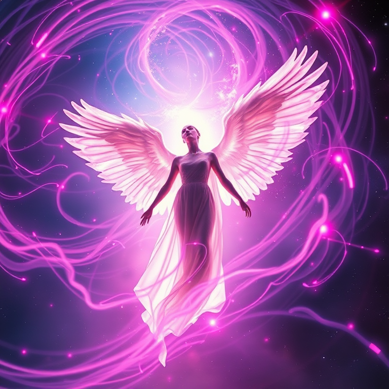 Create an ethereal image of a glowing figure with large wings, surrounded by vibrant swirls of pink and purple light in a cosmic background, using a Canon EOS R5 with a 50mm lens at f/1.8, ISO 100, 1/200s, shot from a slightly low angle to emphasize the figure's grandeur and the dynamic motion of the lights.