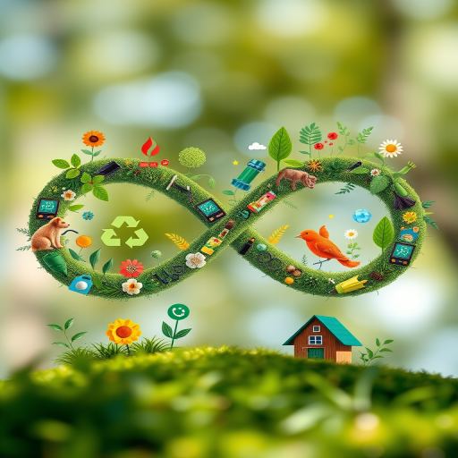 Create a vibrant illustration of the infinity symbol incorporating elements of sustainability such as greenery, recycling icons, and a small house with animals, captured with a DSLR camera at f/8 aperture, ISO 100, 50mm lens, with a shallow depth of field and bright natural lighting.