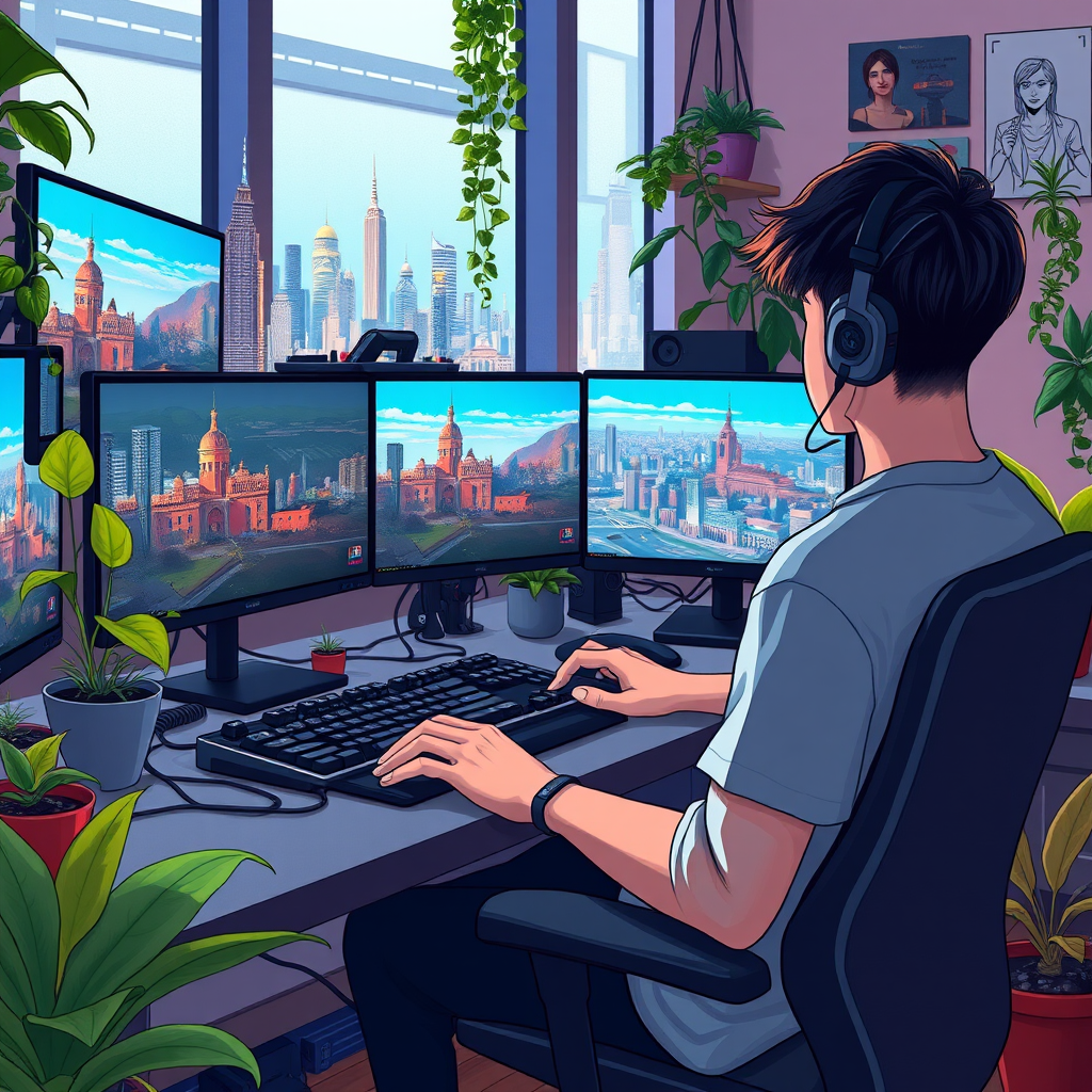 Create a detailed illustration of a young person working at a modern gaming desk filled with high-tech equipment and plants, with multiple monitors displaying vibrant cityscapes, in low natural light, shot with a DSLR camera at f/2.8, ISO 100, 35mm lens, with soft focus and warm color grading.