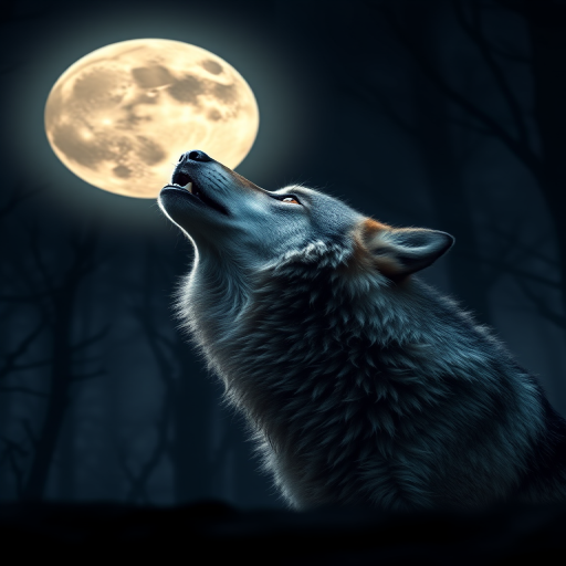 create a highly detailed image of a fierce wolf howling under a full moon in a dark forest setting, using a DSLR camera at f/1.8 aperture, ISO 100, 50mm lens, shot from a low angle to emphasize the wolf's powerful stance with studio lighting to enhance fur texture and eye brightness