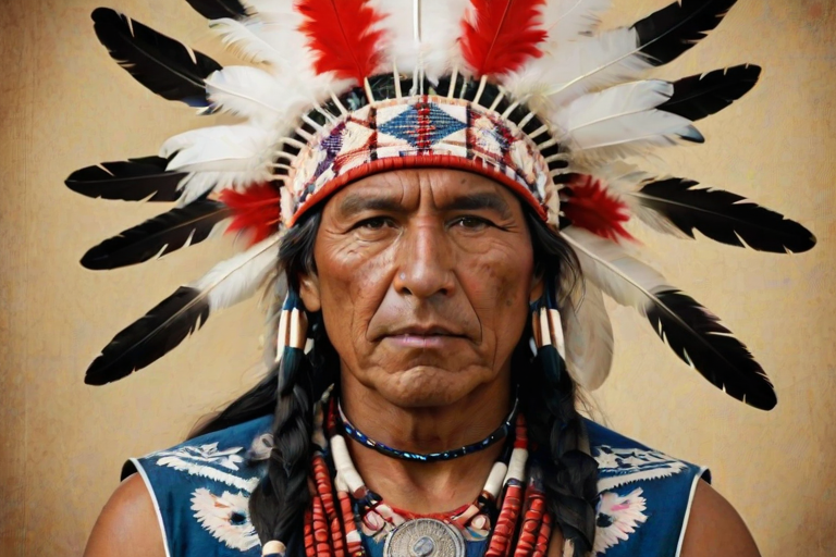Create a dignified portrait of a Native American man dressed in traditional attire. He wears a beautifully crafted headdress adorned with white feathers and red beads, along with a beaded headband featuring intricate patterns. His clothing includes a deep blue, patterned shirt and a traditional chest piece with detailed beadwork. His arms are crossed, displaying leather armbands decorated with feathers. The background is simple and neutral, emphasizing his proud and stoic expression. The overall image captures the rich cultural heritage and strength of his persona.