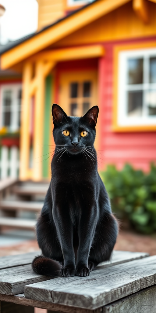 black cat sitting on a wooden platform in front of a colorful house, soft focus background, bright natural light, f/2.8 aperture, 50mm lens, shallow depth of field, DSLR camera