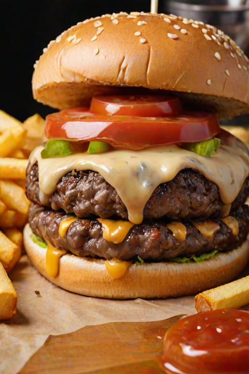 High-resolution, close-up image of a gourmet double cheeseburger. The burger features a glossy, sesame-seed-topped brioche bun. Inside, there are two thick, juicy beef patties, each topped with melted cheddar cheese. The burger is garnished with fresh lettuce, tomato slices, diced onions, and pickles. A generous amount of ketchup and a creamy, orange-colored sauce is dripping down the sides, adding to the mouth-watering appeal. In the background, there are blurred elements including a side of golden French fries and a hint of a beverage, enhancing the overall presentation of a delicious meal.