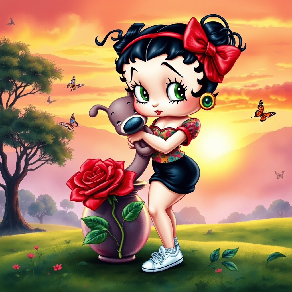 Luxury 3D HD realistic watercolor oil painting. Betty Boop with black hair in two messy buns. Red headband with big bow. He wears black shorts with a colorful t-shirt. White sneakers. She is standing hugging winnie the pooth next to a large vase with a tall red rose, There are trees and butterflies flying. The land with a beautiful lawn. Full body. Background of a sunset