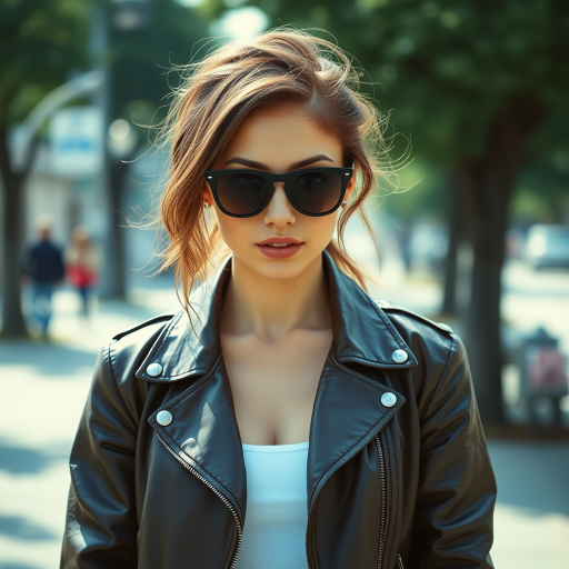 Outdoor shot, stunning female model, vintage leather jacket, sunglasses, cinematic effect, Position the camera at the model’s eye level using a 35mm f/1.4 lens