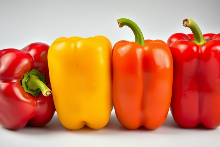 Generate an image of four bell peppers in a row, with a red pepper on the left, followed by two yellow peppers and a red pepper on the right, taken with a DSLR camera, 50mm lens, aperture f/2.8, ISO 100, and natural lighting for vibrant colors and sharp details.