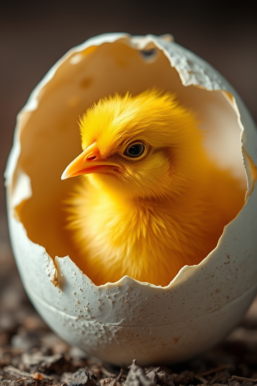 A vibrant chick breaking free from an eggshell, shot with a DSLR camera at f/2.8, ISO 100, 1/200s, in macro view with soft focus and high contrast, emphasizing the textures of the eggshell and the chick's bright yellow feathers.
