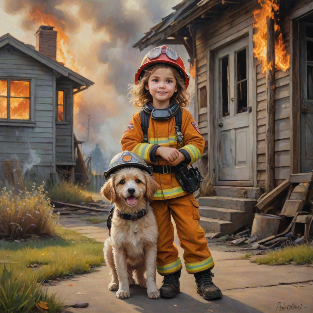 airbrushed oil painting, pixar style, cute little girl in fireman gear, helmet, tousled hair, expressive eyes, standing in the doorstep of a cottage burning behind him, holding a cute little dog in her arm, atumn sky