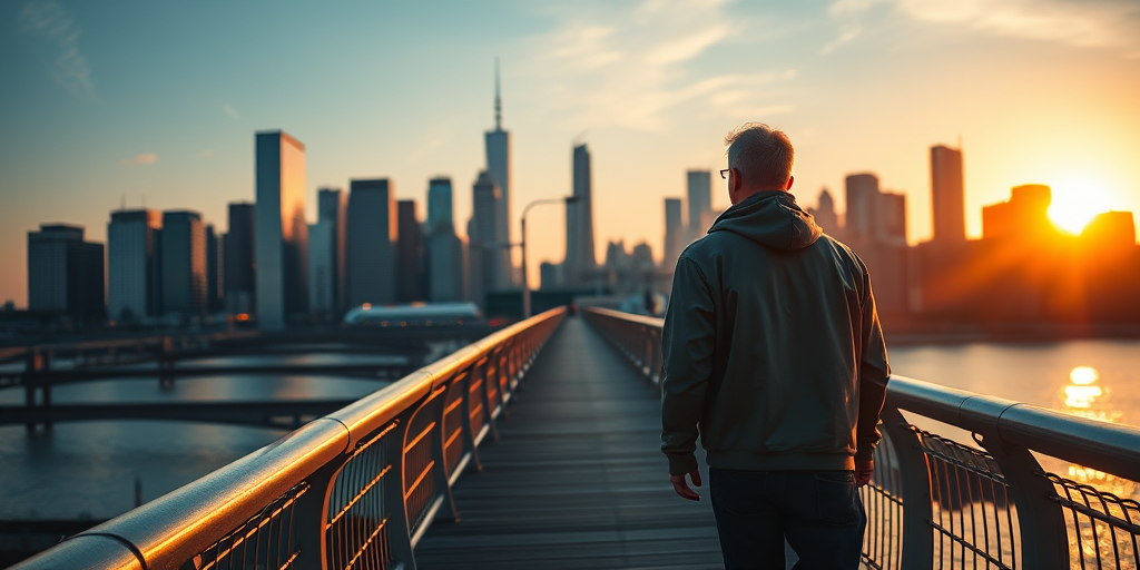 A person walking on a bridge with a city skyline in the background during golden hour, focused on the subject, using a Canon EOS R5 with a 50mm f/1.8 lens at ISO 100, shutter speed 1/200s, aperture f/2.8, capturing vibrant colors and sharp details, sunrise light enhancing the scene.