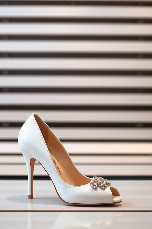 Regenerate an elegant pair of white high-heeled shoes with sparkling embellishments displayed on a modern slatted backdrop, using a DSLR camera at f/2.8, 50mm lens, ISO 100, with a shallow depth of field for a soft background blur.