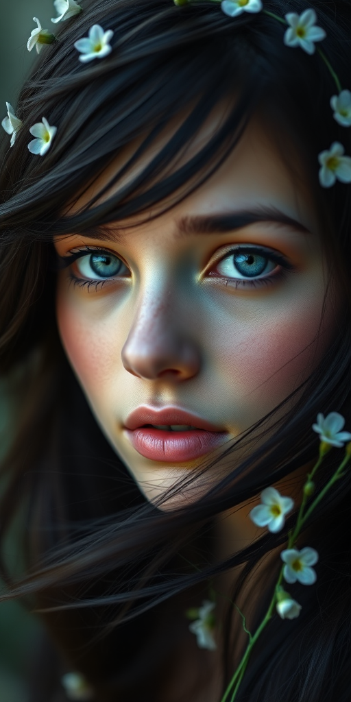 Create a close-up portrait of a young woman with luminous blue eyes and flowing black hair, adorned with delicate flowers, in a mystical setting, using a Canon EOS 5D Mark IV with a 50mm f/1.2 lens, aperture set to f/1.2, ISO 100, and a soft focus style for an ethereal effect.