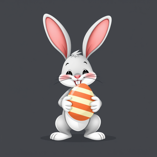 Create a high-resolution digital illustration of a cartoon bunny holding a striped Easter egg, featuring large pink ears and a playful expression, set against a minimalist dark gray background, using a Canon EOS R5 with a 50mm f/1.2 lens, at f/2.8, ISO 100, and 1/200s exposure to enhance clarity and depth.