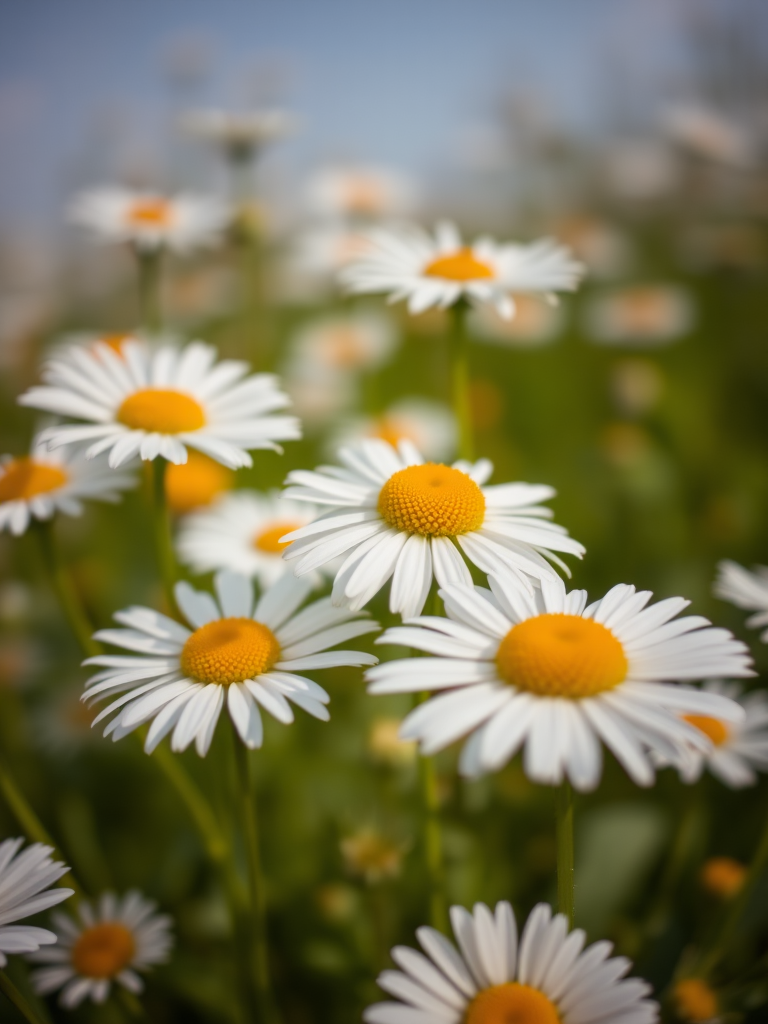 Close-up photograph of a field of daisies with sharp focus on the flowers, f-stop 4, shutter speed 1/200s, ISO 200, natural light, macro lens, DSLR camera, with a soft bokeh background to enhance depth.
